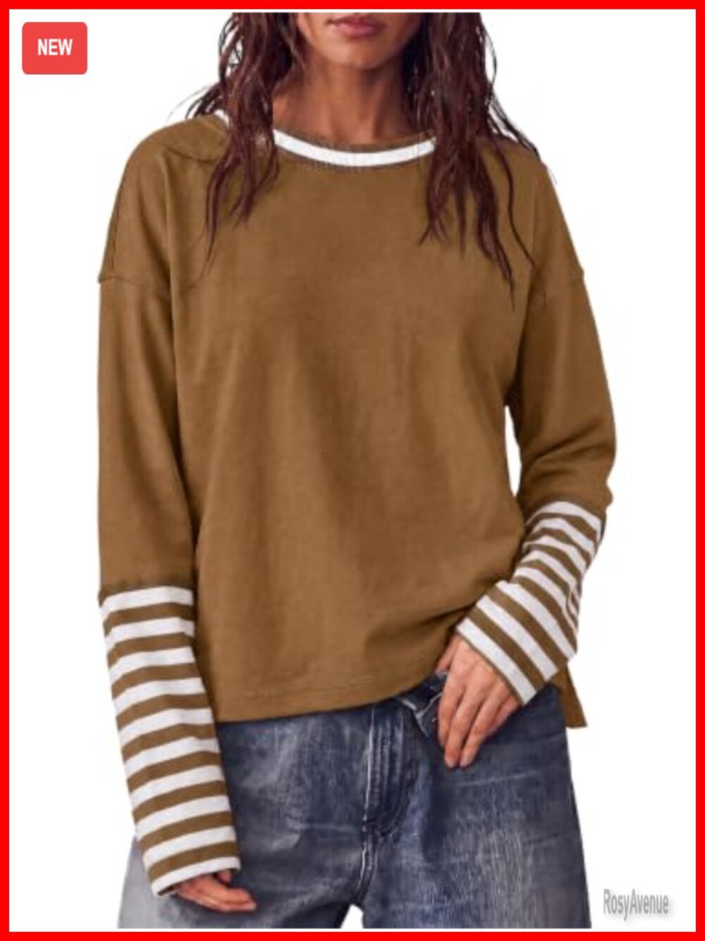 Womens Long Sleeve Striped Color Block Crop Top Loose Fit